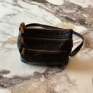 Fossil Black Leather Crossbody Bag with Brass Zippers